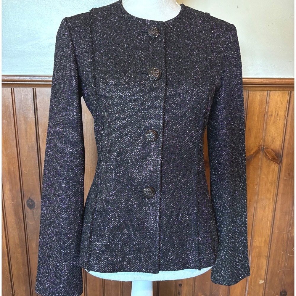 St. John Womens Black Metallic Wool Blend Button Up Dress Blazer NWOT Size 4